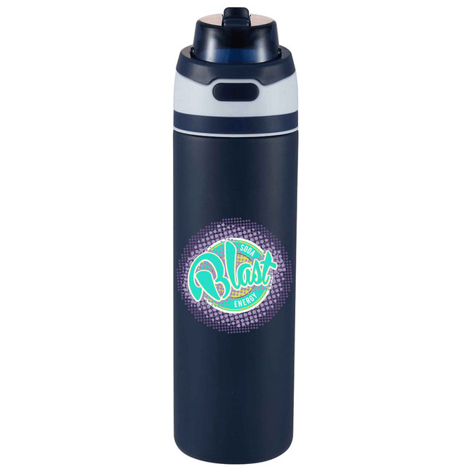A drink bottle featuring a navy design with a flip straw lid and a logo on the front.