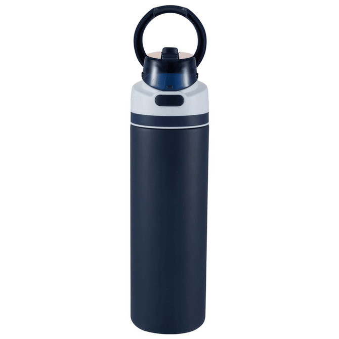 A drink bottle featuring a navy blue body, white accents, and a flip straw lid. It has a handle and a logo.