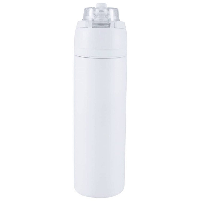A drink bottle in white recycled stainless steel with a transparent flip straw lid and a logo.