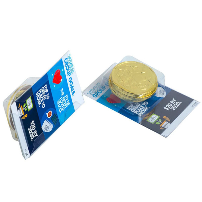 Small Biz Card Treats featuring chocolate coins in gold foil packaging, with a promotional card holder.