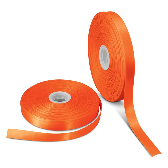 Two rolls of 20mm personalised ribbon in vibrant orange, showcasing smooth satin texture. One roll is partially unspooled.