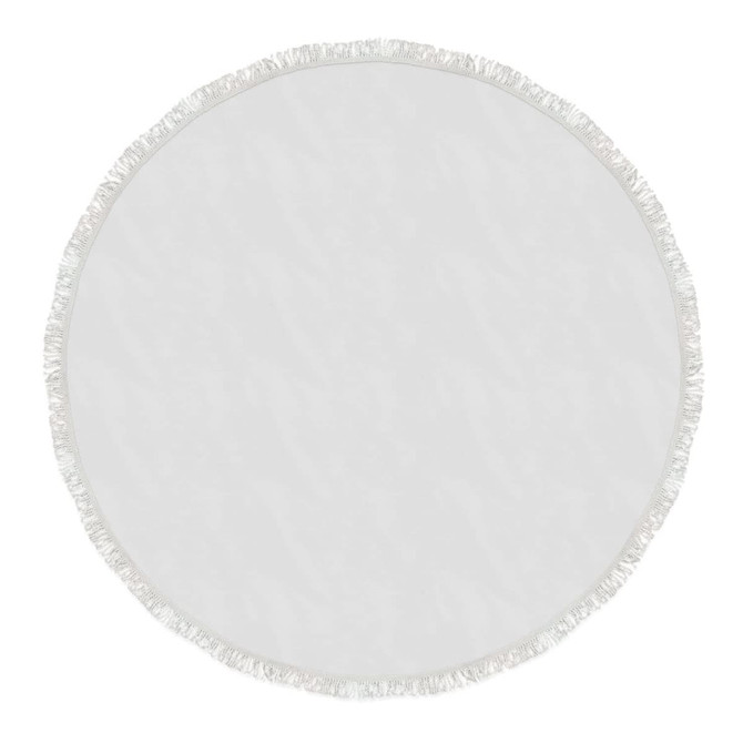 A round white beach towel with fringed edges, suitable for leisure and outdoor activities.