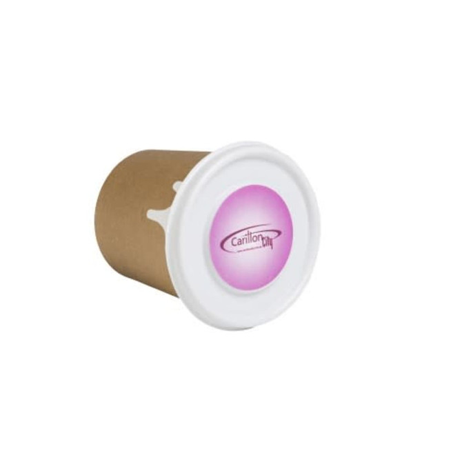 A coffee cup with a white lid and a brown cardboard body, featuring a logo on the front.