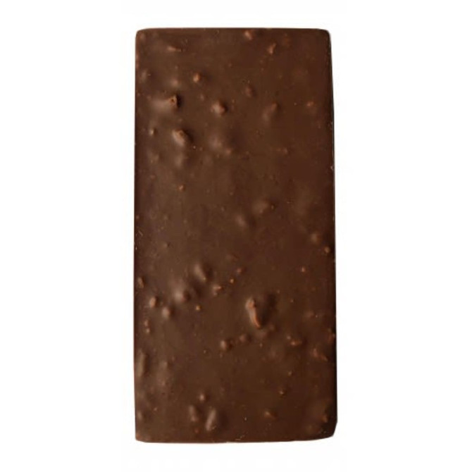 A rectangular chocolate honeycomb bar, featuring a textured brown surface, wrapped in a subtle sheen of chocolate.