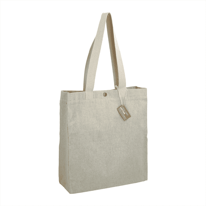 A beige recycled cotton tote bag with snap closure and long handles, featuring a tag and a branding logo.
