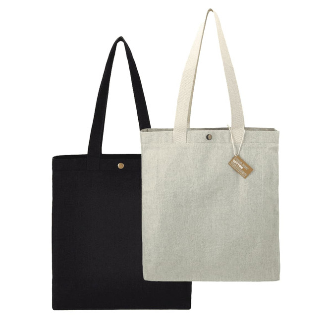 Two tote bags are displayed: one in black and one in light grey, featuring long handles and a snap closure.