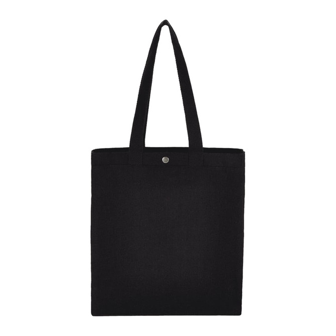 A black recycled cotton tote bag with two handles and a snap closure, featuring a logo.