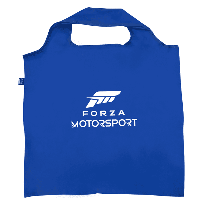 A blue recycled PET bag featuring a logo on the front and sturdy handles for easy carrying.