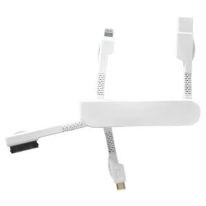 A white ZIP 60W fast charging cable features multiple connectors and a sleek design, ideal for various devices.