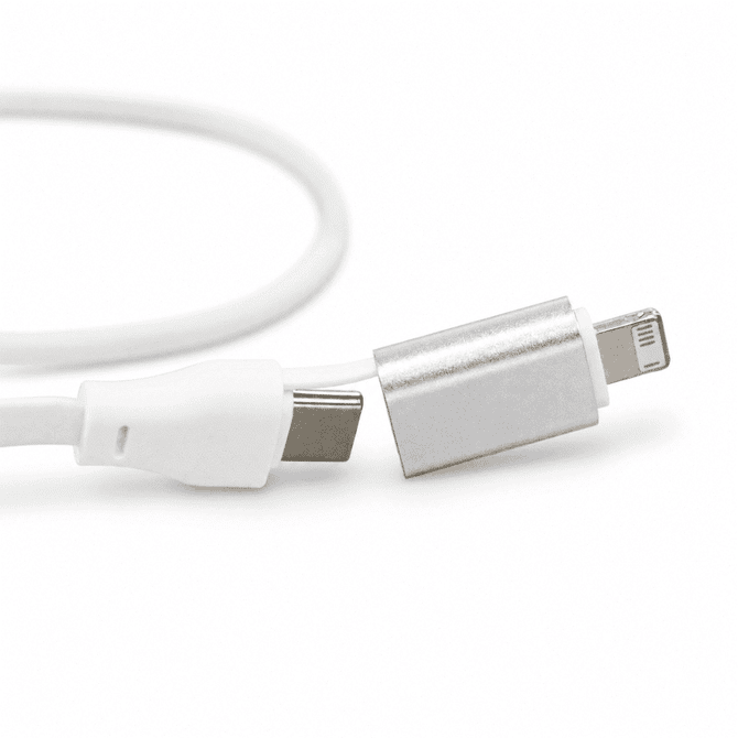 A white 60W fast charging cable with a silver connector, designed for phone and technology devices. It features a logo.