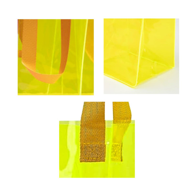 A yellow clear jelly wine ice bag featuring orange straps and a transparent design. It has a logo on it.