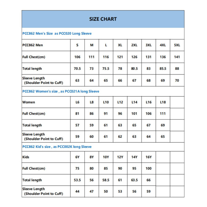 A size chart for the PCC862 long sleeve shirts, detailing measurements for men, women, and kids in various sizes.