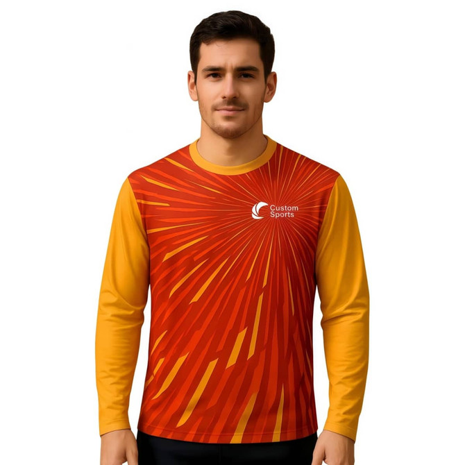 A long-sleeved shirt featuring a vibrant red and yellow design, made of 100% polyester micro mesh, with a logo.