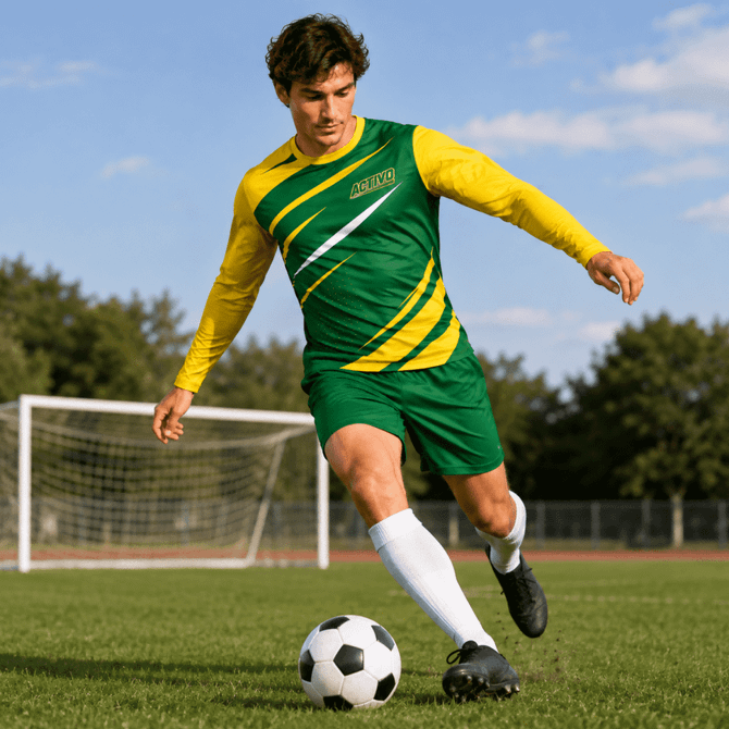 A sporty long sleeve shirt in green and yellow, worn by a player kicking a soccer ball on a field.