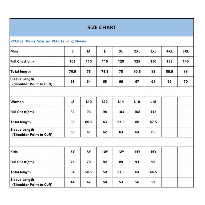 A size chart detailing measurements for men's, women's, and kids' clothing, including various sizes and length specifications.