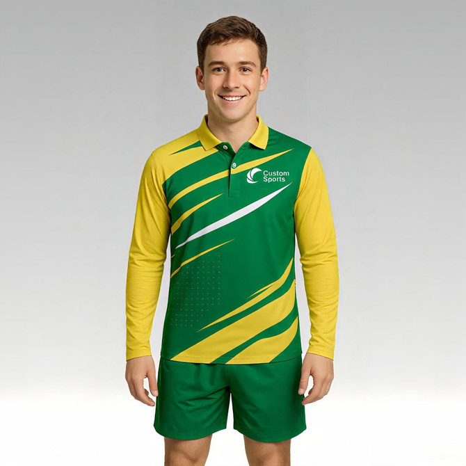 A long sleeve polo shirt in green and yellow with a logo and dynamic design elements.
