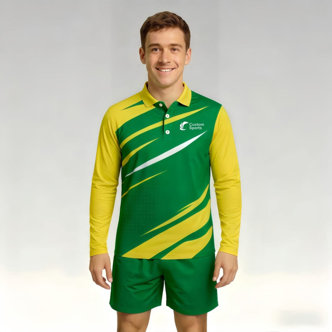 A long-sleeve polo shirt in green and yellow, featuring a subtle design and a logo.