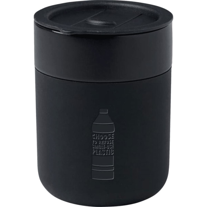 A black ceramic tumbler with a silicone wrap and a lid, featuring a simple logo.