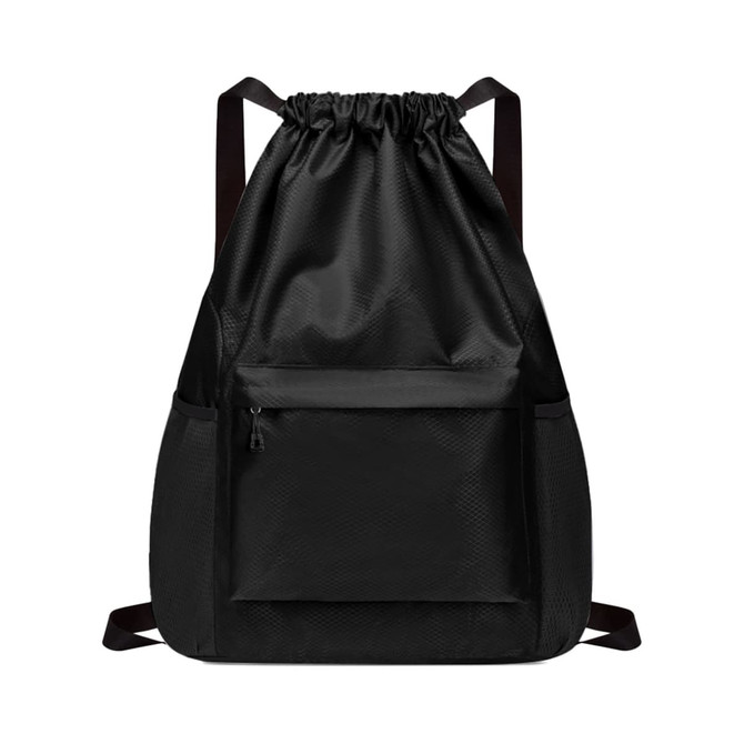A black multi-pocket drawstring backpack with a front zip pocket and adjustable straps, featuring a logo.