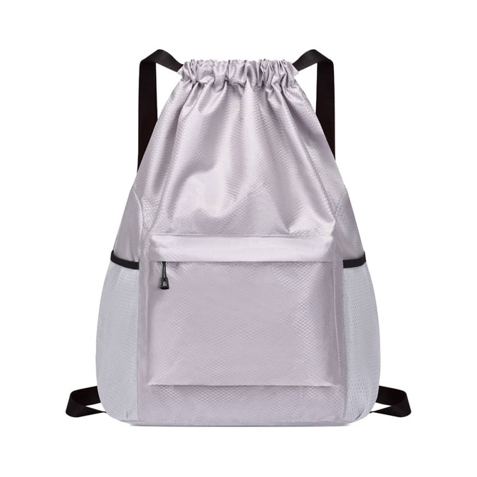A drawstring backpack in light grey with a textured finish and a front zip pocket. It features adjustable black straps and a logo.