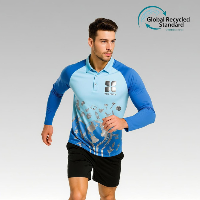 A long-sleeve polo shirt in blue and light blue featuring a logo and a colourful design.