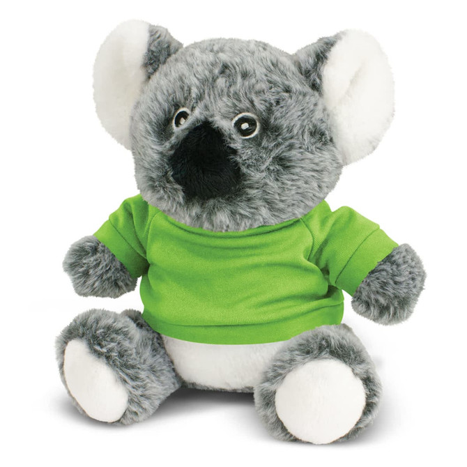 A grey koala plush toy wearing a green shirt, featuring large ears and a cute face, with a logo on its shirt.