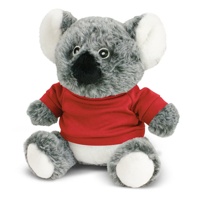 A grey koala plush toy wearing a red shirt, featuring round black nose and eyes, with soft white ear details.