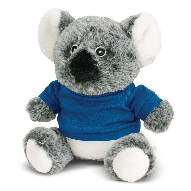 A grey koala plush toy wearing a blue shirt, featuring soft fur and large ears. It has a subtle branding logo.