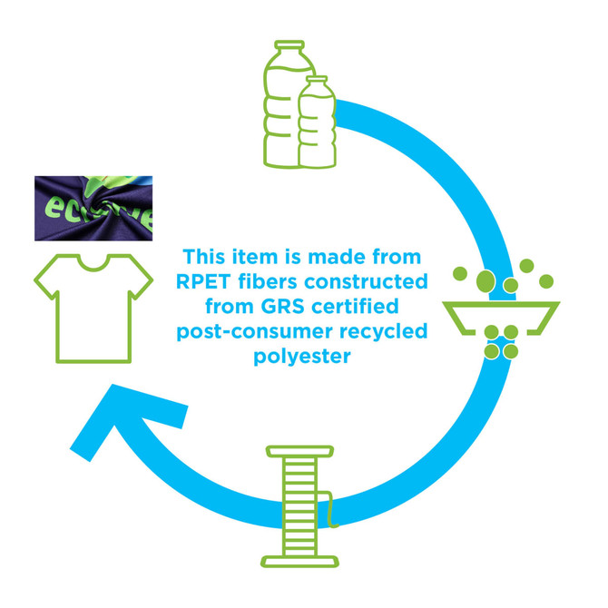 An RPET milk silk sublimated V-neck long sleeve shirt in vibrant colours with a label indicating environmental sustainability.