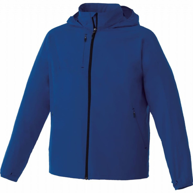 A blue lightweight men's jacket with a hood, featuring front zip pockets and a branded logo.