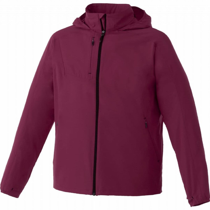 A maroon lightweight jacket with a hood and zippered pockets, featuring a logo on the chest.