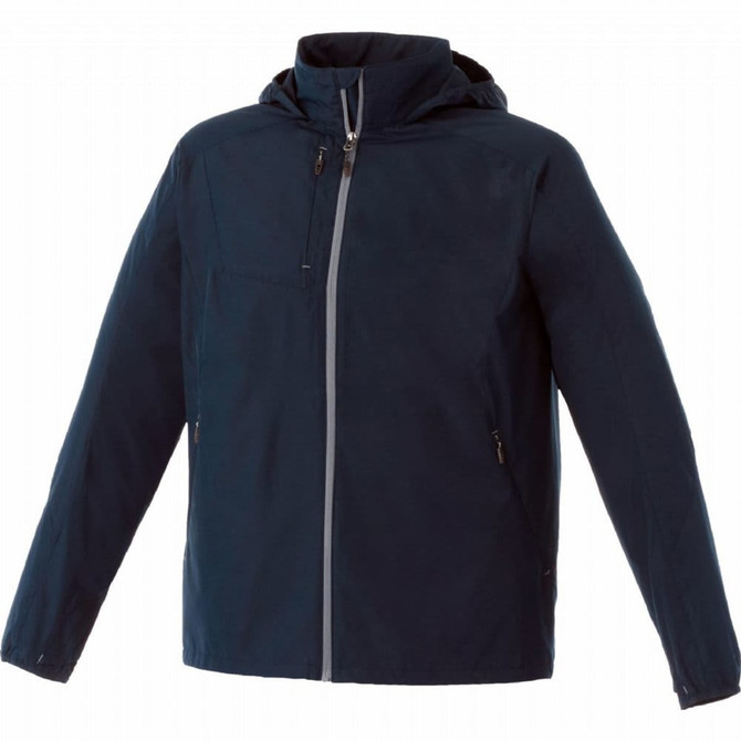 A men's lightweight jacket in navy blue with a hood, featuring a zip closure and one front pocket. It has a logo.