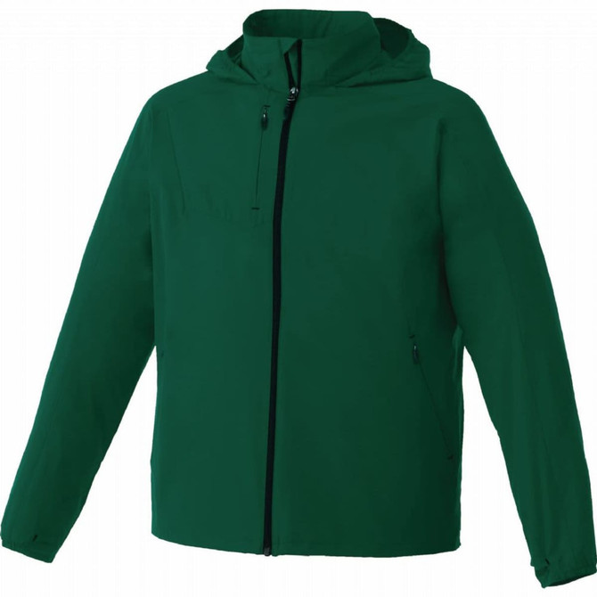A green lightweight jacket with a hood and zippered front, featuring a logo on the chest.
