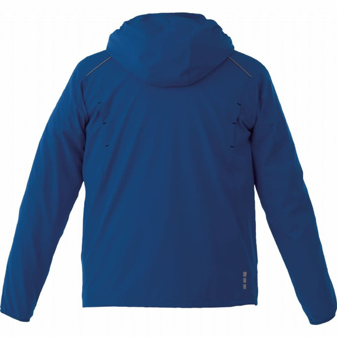 A blue men's lightweight jacket with a hood, featuring a logo on the back and a simple design.