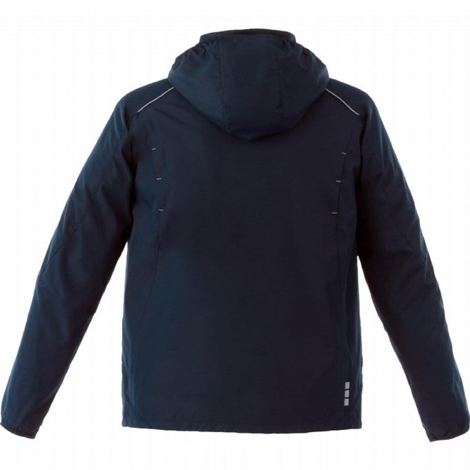 A navy lightweight jacket for men featuring a hood and reflective details, with a logo on the back.