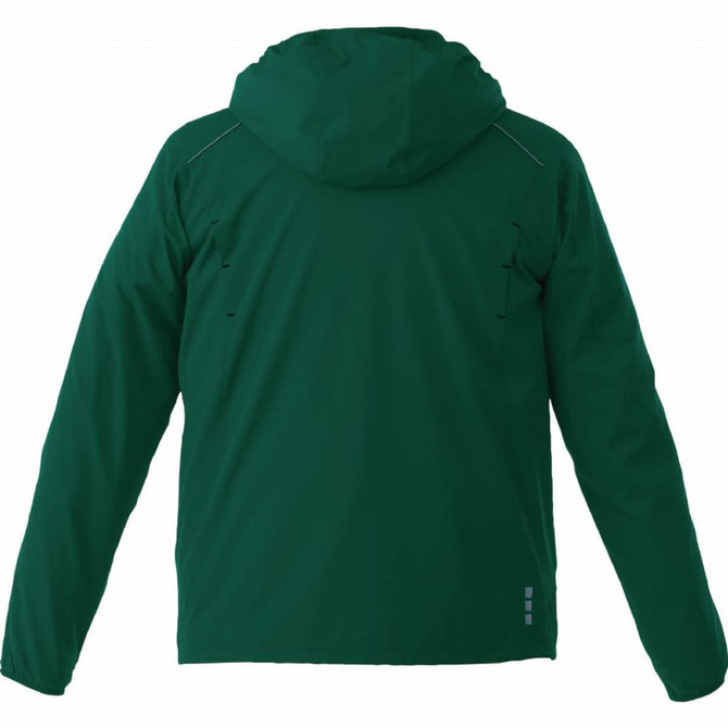 A lightweight men's jacket in a deep green colour, featuring a hood and a logo.