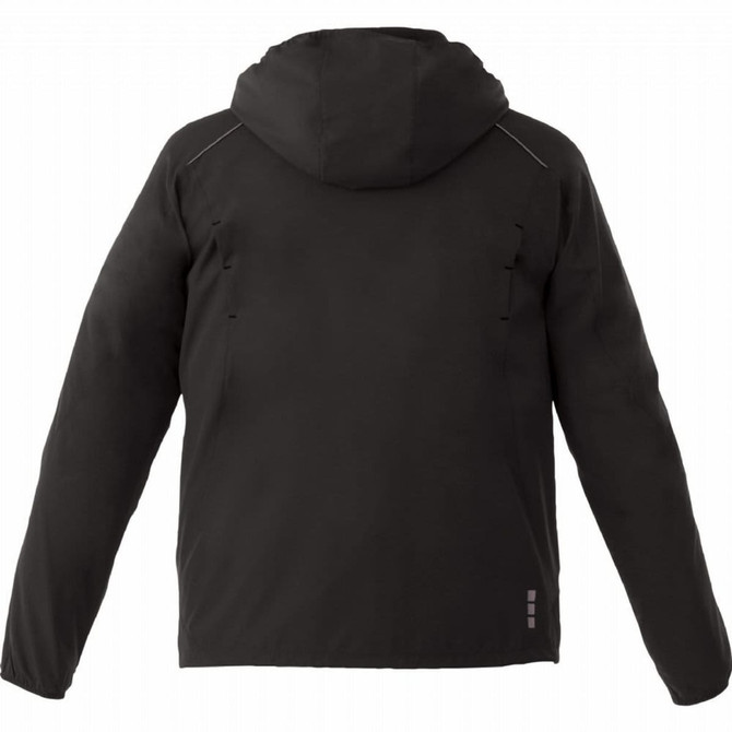 A lightweight men's jacket in black with a hood and a logo on the back.