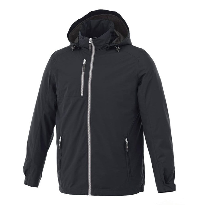 A men's rain jacket in dark black, featuring a hood and multiple zippered pockets. Includes a logo on the chest.