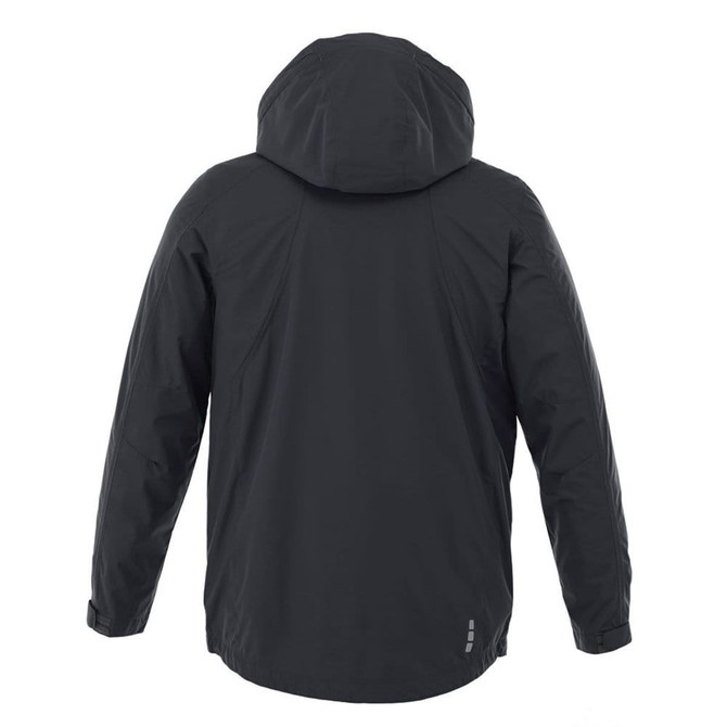 A black rain jacket featuring a hood and a logo on the back.
