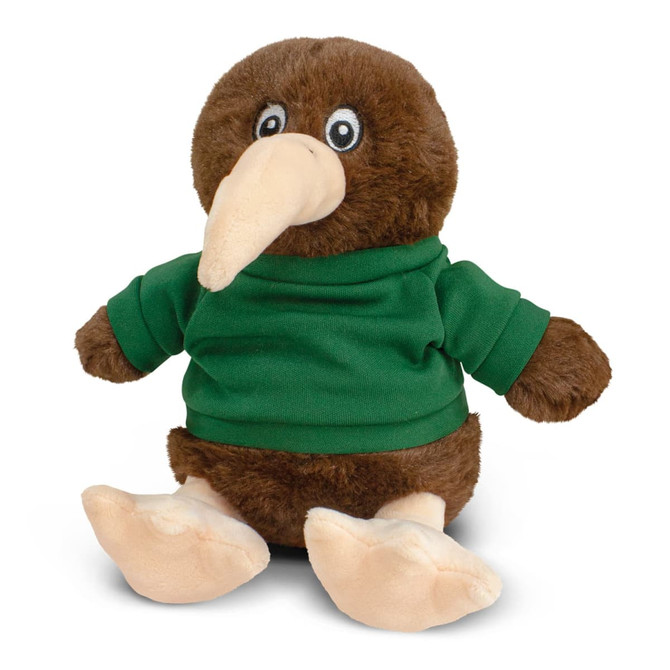 A brown kiwi plush toy wearing a green shirt, with large feet and expressive eyes. Features a logo on the shirt.