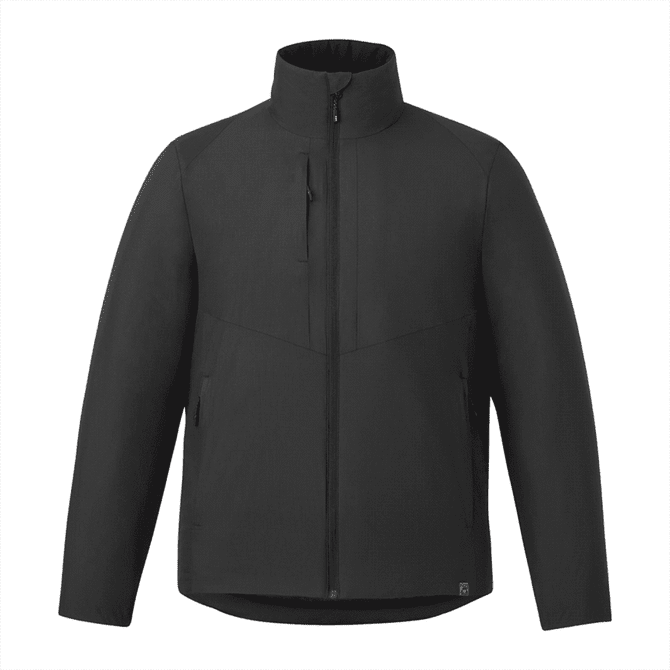 A black insulated puffer jacket with a high collar, featuring zippered pockets and a logo on the hem.