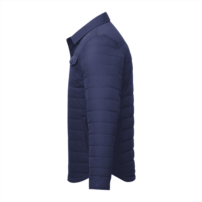 A navy insulated shacket for men, featuring a collared neck and side view design. It has a brand logo.