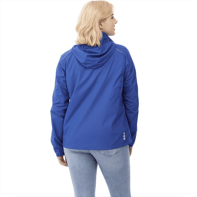 A lightweight women's jacket in bright blue, featuring a hood and a logo on the back.