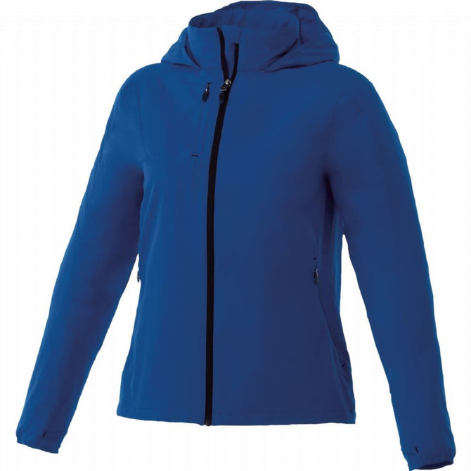 A blue lightweight jacket for women with a hood and zippered pockets, featuring a logo on the front. 