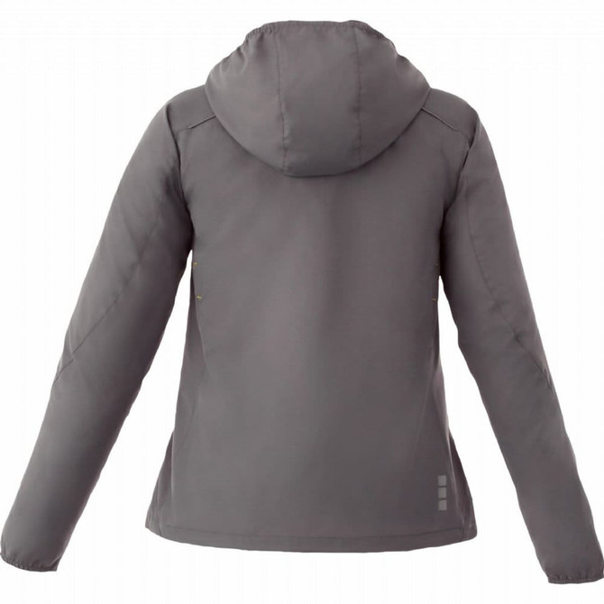 A grey lightweight women's jacket with a hood, featuring a simple design and a logo on the back.