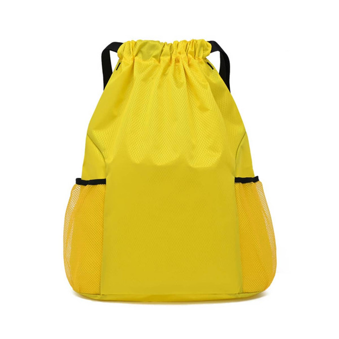 A yellow fitness drawstring backpack with mesh side pockets and a cinched top, featuring a logo.
