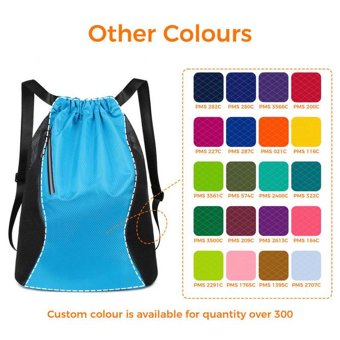 A blue sports drawstring backpack with black sides and a drawstring closure, displayed alongside various colour options.