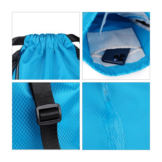A blue sports drawstring backpack featuring a sleek design, interior pocket, and adjustable straps.