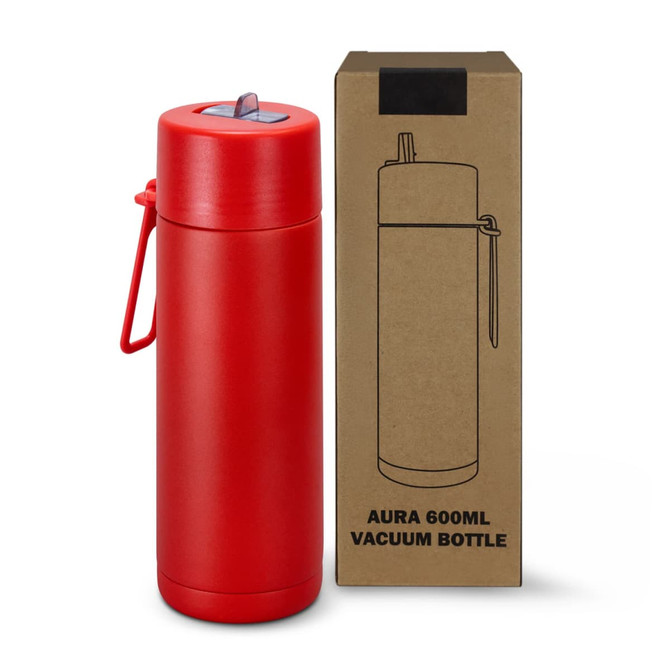 A drink bottle in bright red with a lid and a carry strap, alongside a brown box featuring a logo.