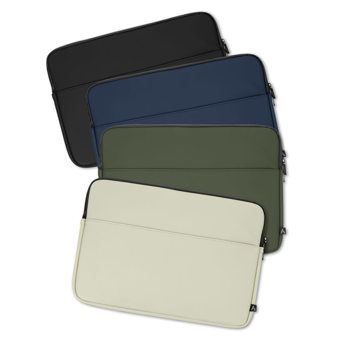 A collection of four soft-touch laptop sleeves in black, navy, olive green, and cream, featuring zippers and a logo.